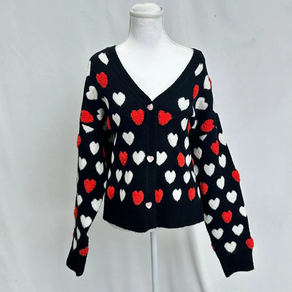 Serra Women XL Cardigan Black Red White Heart Lovecore Romantic V-Neck Sweater